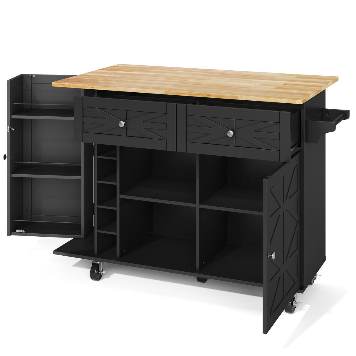 KÜCHENINSEL 120/45(70)/89 cm mit klappbarer Arbeitsplatte, Rollen und Stauraum aus MDF, Schwarz - Schwarz, Holzwerkstoff (120/89/70cm) - Redom