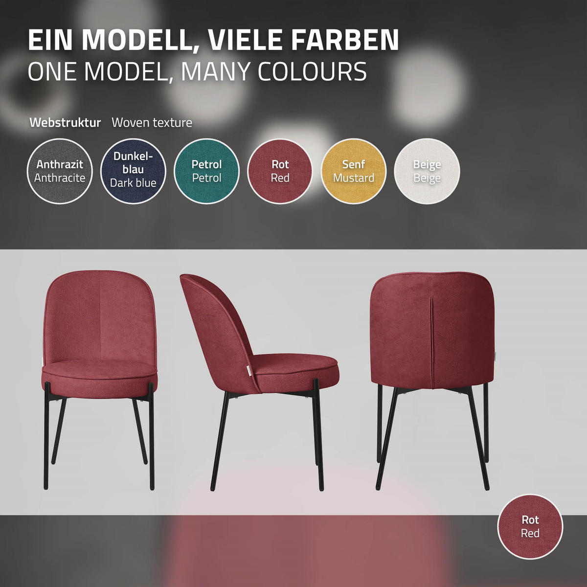 ESSZIMMERSTUHL 2er Set Rot mit Stoffbezug - Rot/Schwarz, Textil/Metall (50/83/63cm) - ML-DESIGN