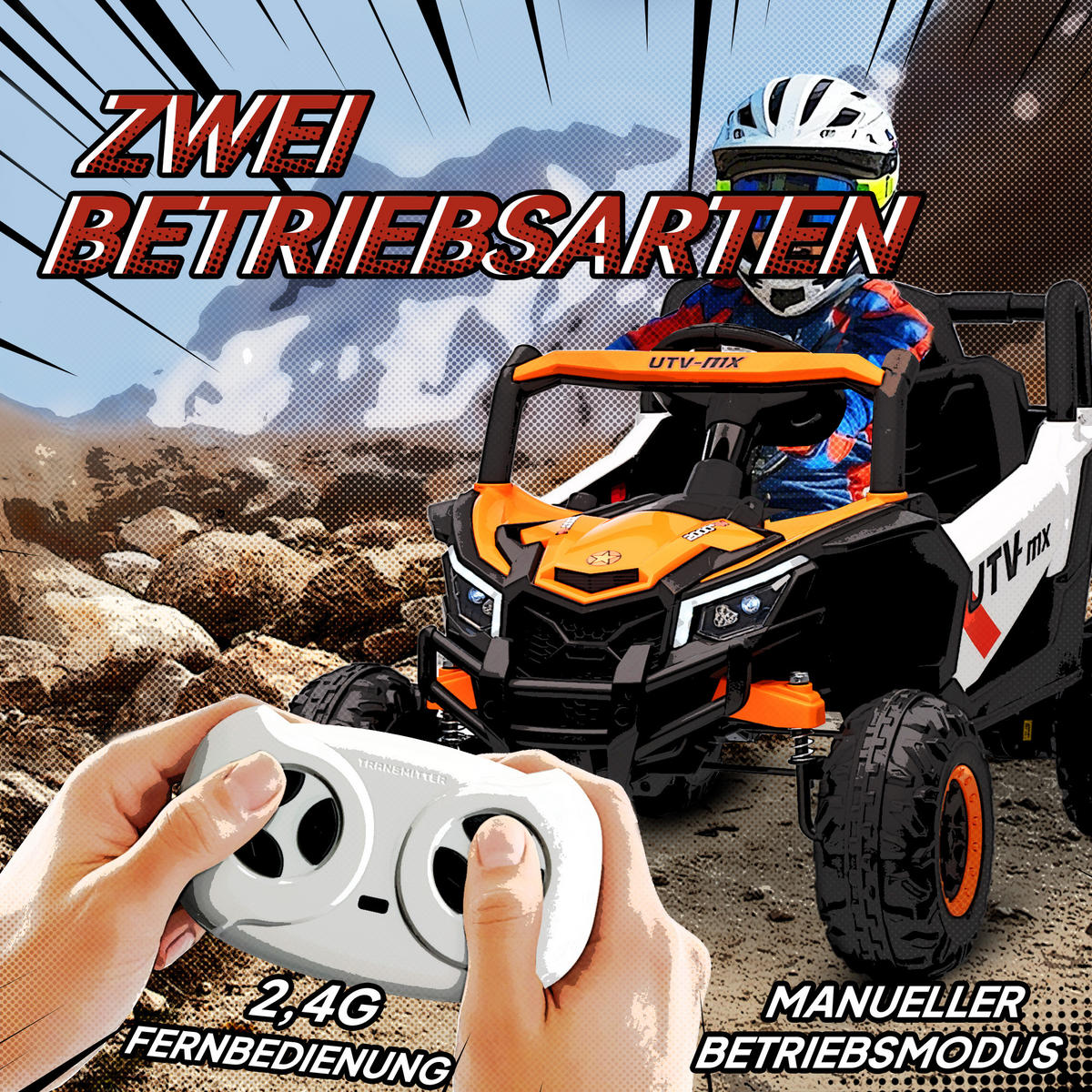 KINDER-ELEKTROAUTO 12V Kinderauto UTV mit 2,4 GHz Fernbedienung, Softstart - Orange, Kunststoff (96/61/56cm) - AIYAPLAY