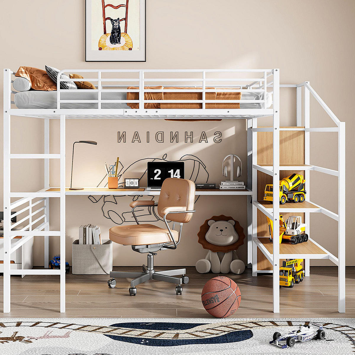 HOCHBETT 140x200cm mit offener Kleiderschrank in Weiß - Grau, Metall (140/200cm) - KOMHTOM
