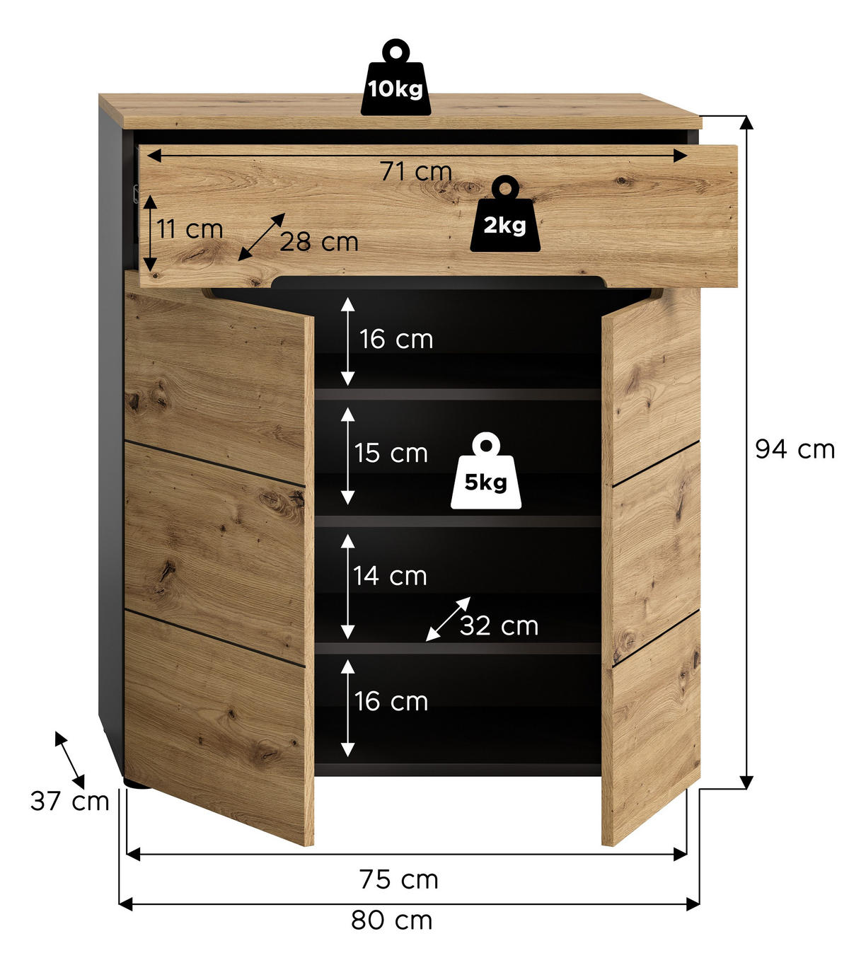 SCHUHKOMMODE Canu Garderobe in Basalt grau Nachbildung und Artisan Nachbildung B/H/T: 80x94x37 cm - Grau, Holzwerkstoff (80/94/37cm)