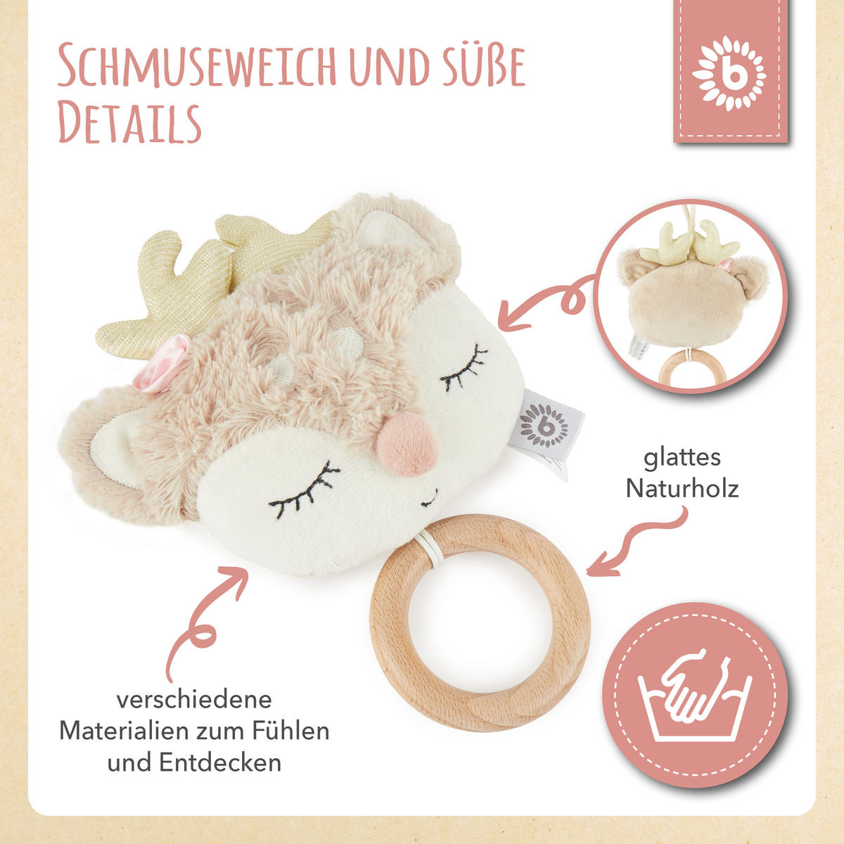 MUSIKSPIELUHR Reh - ab Geburt - Rosa, Textil (16/33cm) - Bieco Spielwaren
