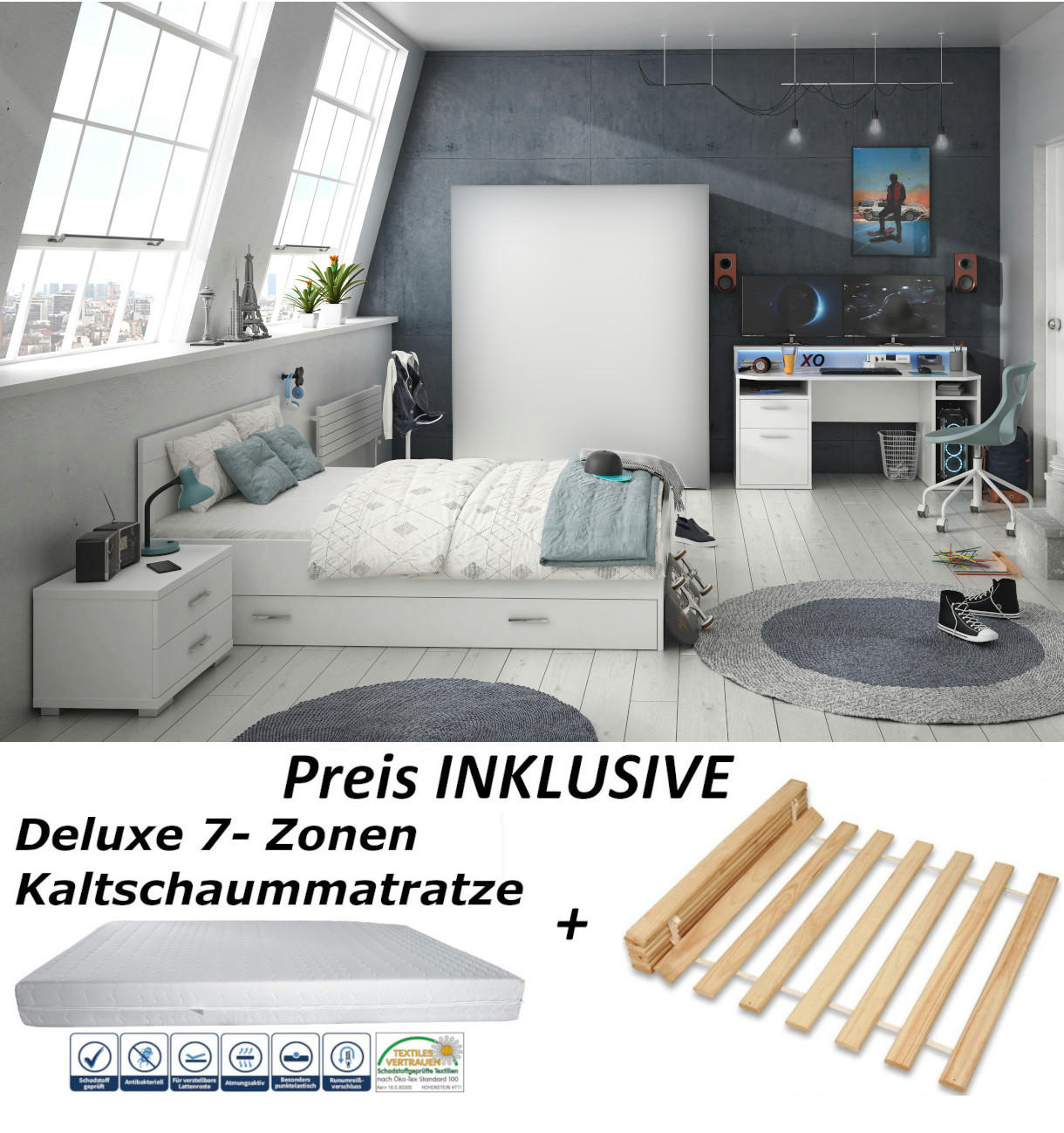JUGENDZIMMER Tezaur "Snow" in Weiß 6 teilig Gamingzimmer mit RGB LED ohne Kleiderschrank - Weiß, Holzwerkstoff (120/200/80cm)