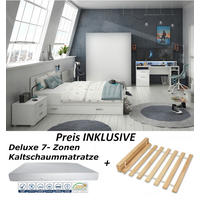 JUGENDZIMMER Tezaur "Snow" in Weiß 6 teilig Gamingzimmer mit RGB LED ohne Kleiderschrank - Weiß, Holzwerkstoff (120/200/80cm)