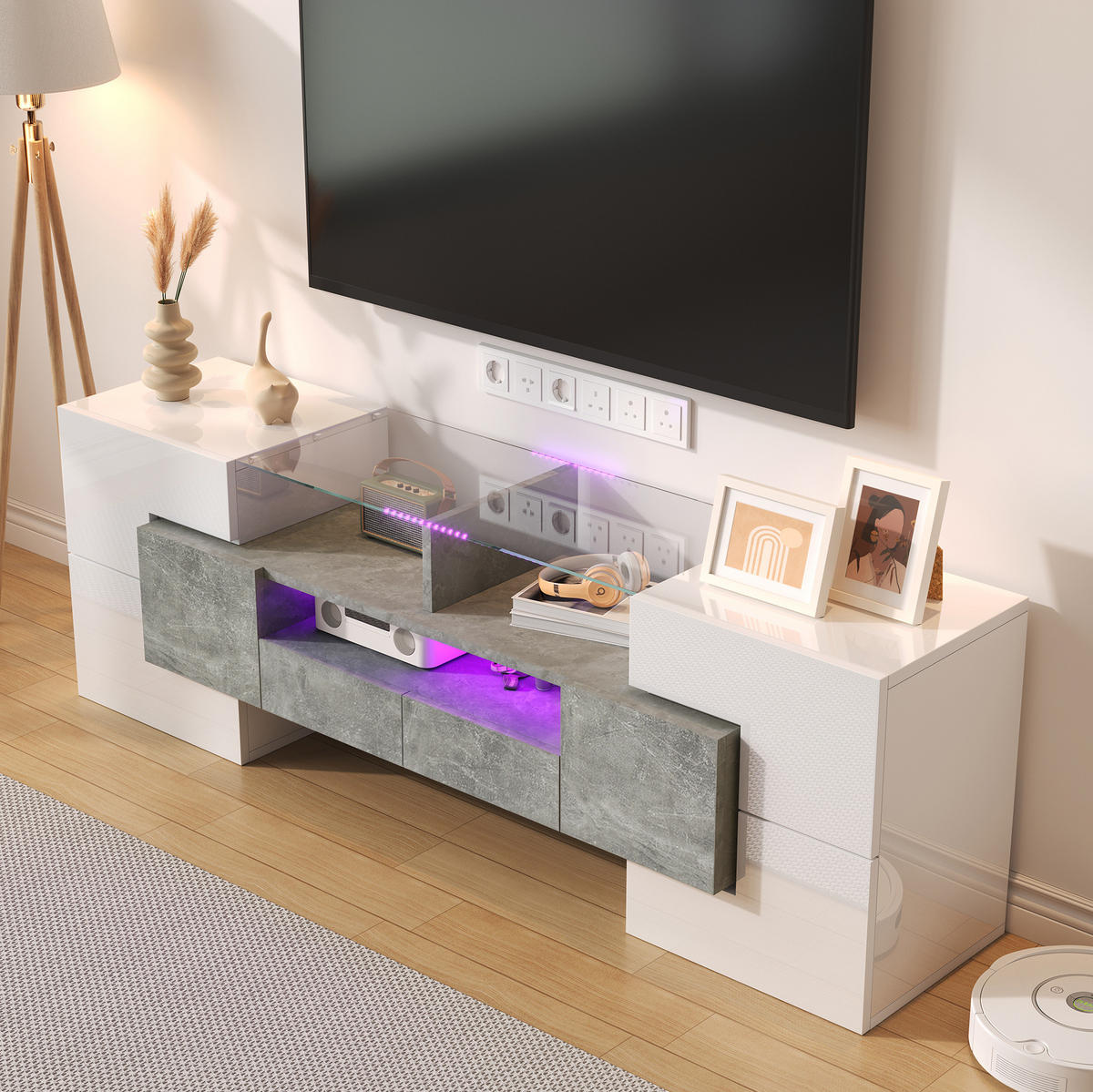 TV-SCHRANK in Hochglanz Weiß/Beton mit LED, 6 Türen und 2 Schubladen 145/30/51 cm - Weiß, Holzwerkstoff (145/51/30cm) - Redom