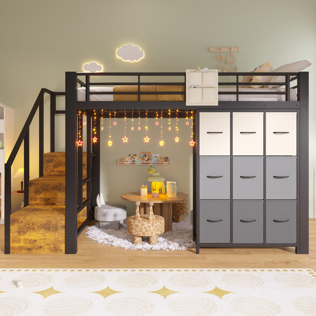 KATNI krevet od MDF-a i metala 140x200 cm crni s ladicama, garderobnom šipkom, ogradom i stubama sa spremištem - crna, drvni materijal (140/200cm) - Modfu