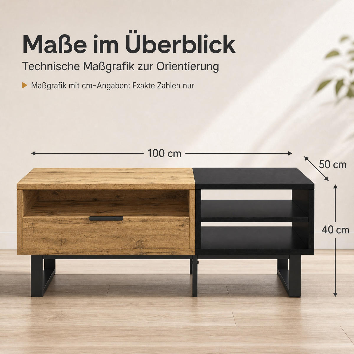 COUCHTISCH 100/50/40 cm Natur/Schwarz aus Spanplatte mit Fächern und Schublade - Naturfarben, Holzwerkstoff (100/50/40cm) - OKMYHOME