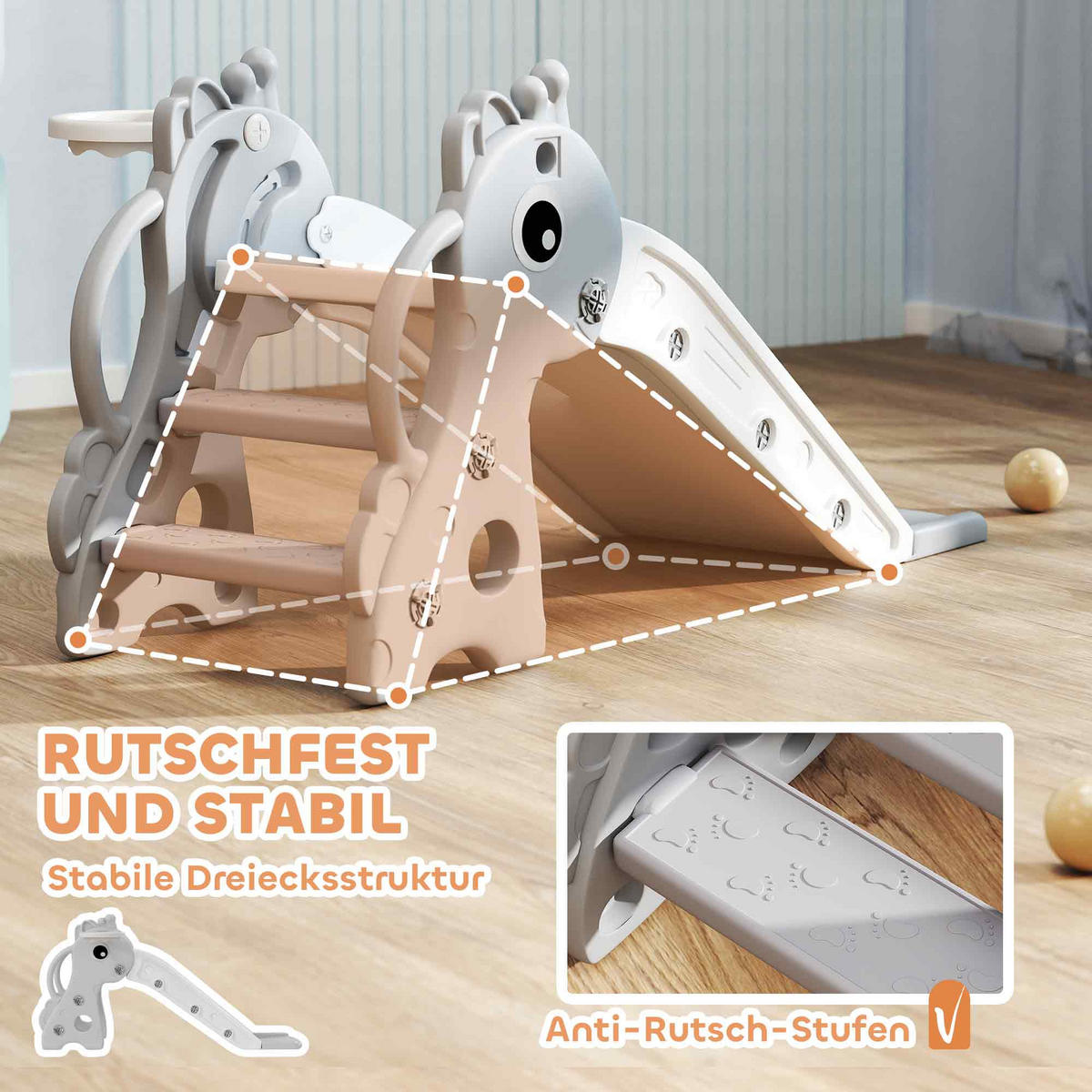 KINDERRUTSCHE, 3 in 1, Kleinkinderrutsche mit Basketballkorb, Basketball, Grau - Grau, Kunststoff (51.5/52/106cm) - AIYAPLAY