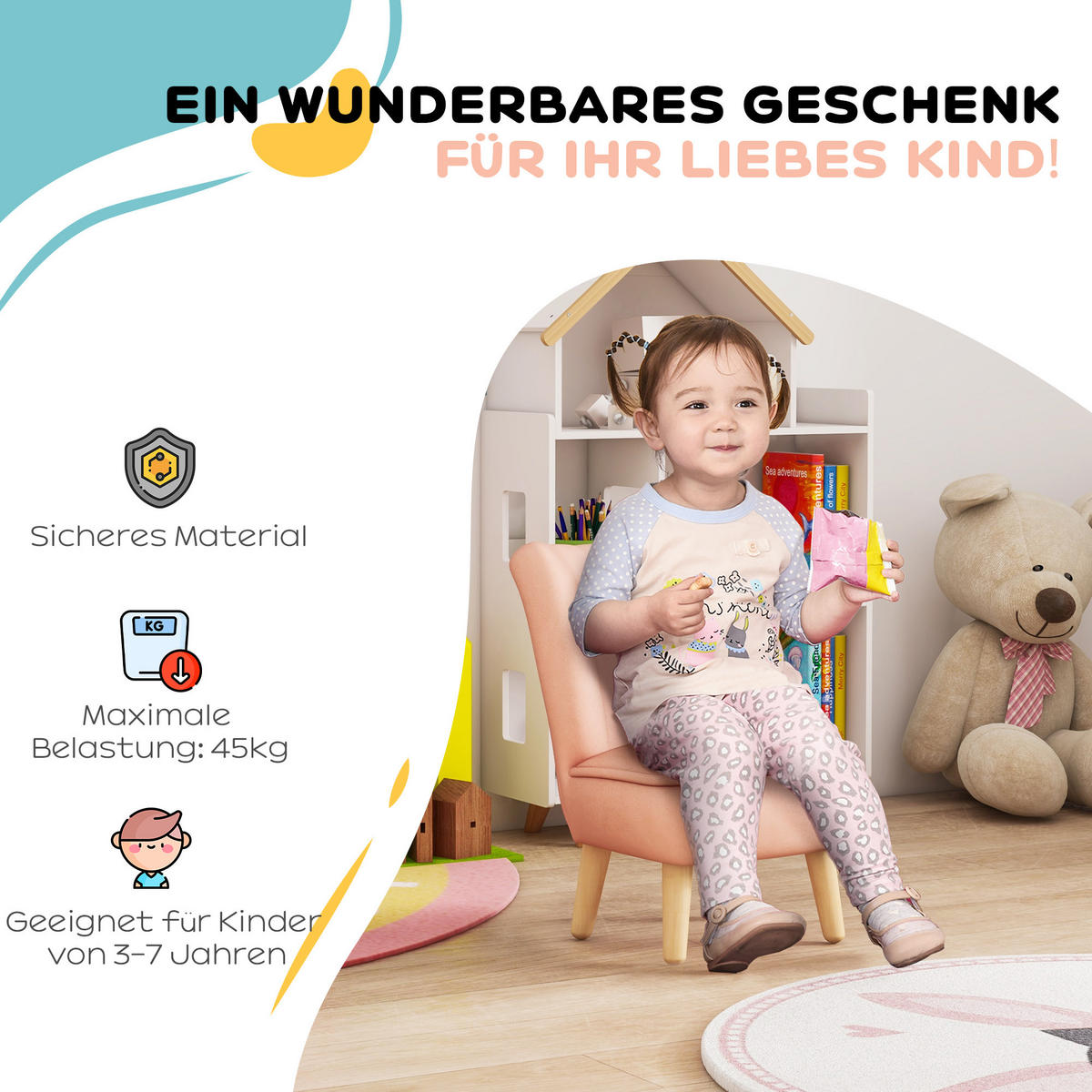 KINDERSESSEL, Holz, Rosa, 44L x 45B x 56,5H cm - Rosa, Holz (45/56.5/44cm) - AIYAPLAY