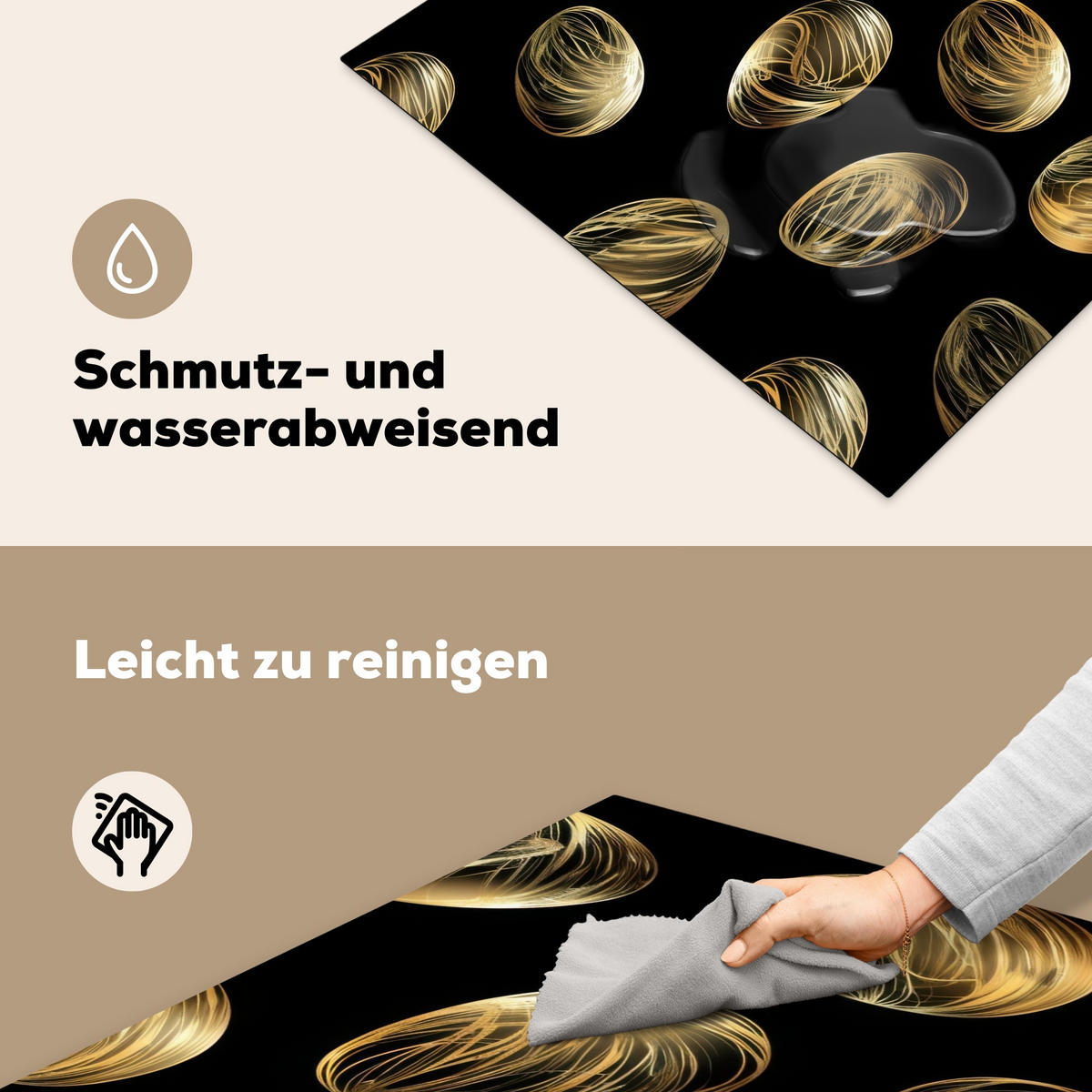 HERDABDECKPLATTE Eier - Gold - Muster Induktionsmatte 77x59 cm - Schwarz, Kunststoff (77/59/0.2cm) - MuchoWow
