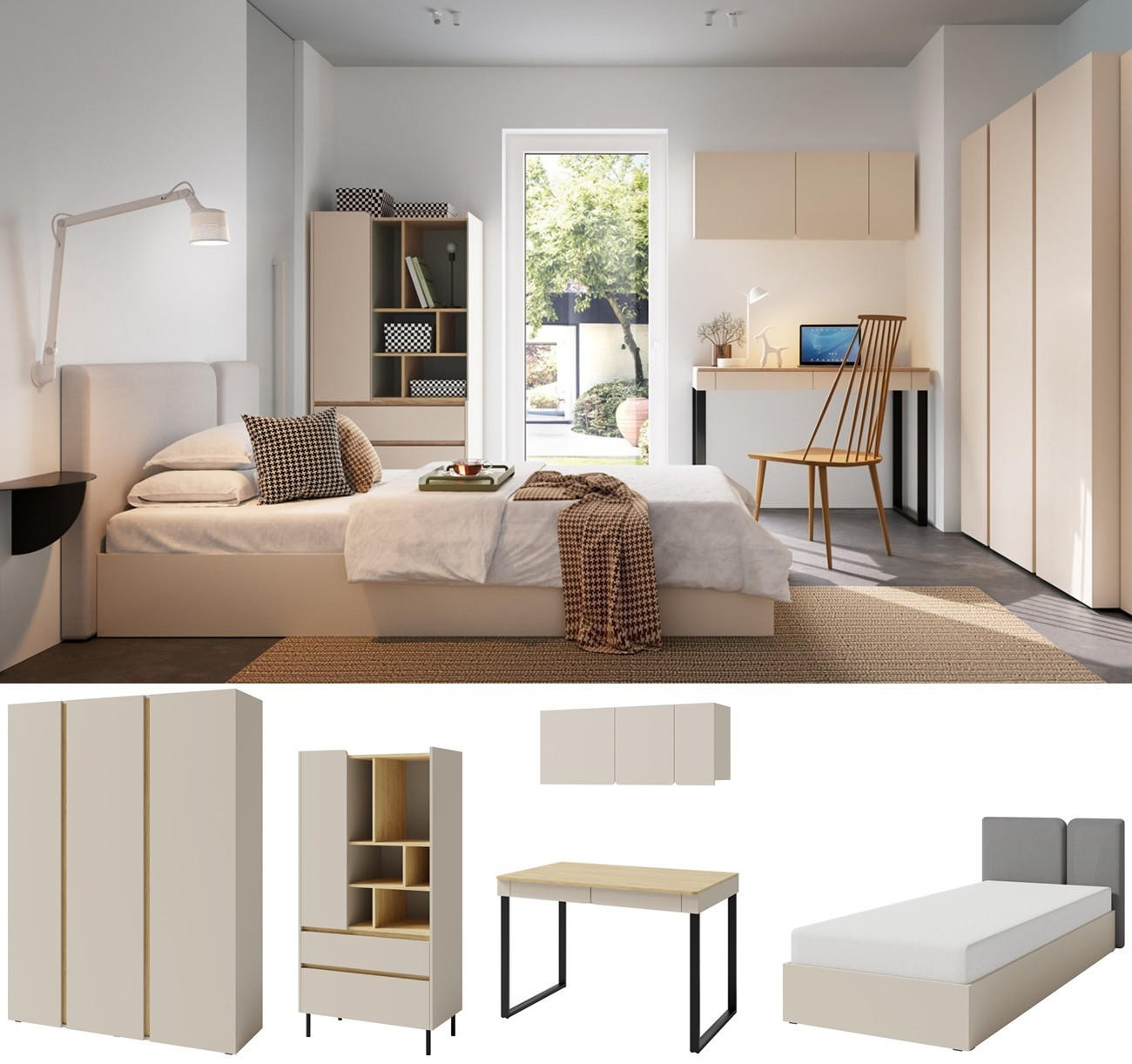 JUGENDZIMMER Laris Set B mit Bett 90 x 200 - Sandbeige / Eiche - Eichefarben/Beige, Holzwerkstoff/Metall (145/195/50cm)