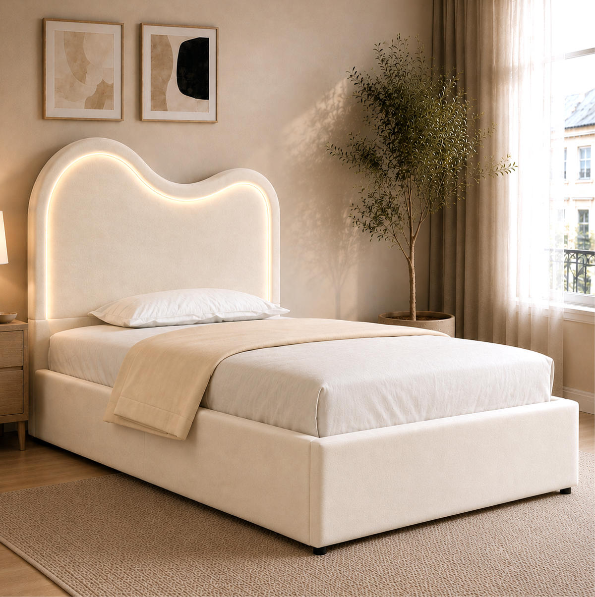 KINDER-POLSTERBETT aus Samt 90x200 cm Beige mit Bettkasten, LED-Beleuchtung und Lattenrost - Beige, Textil (90/200cm) - Modfu