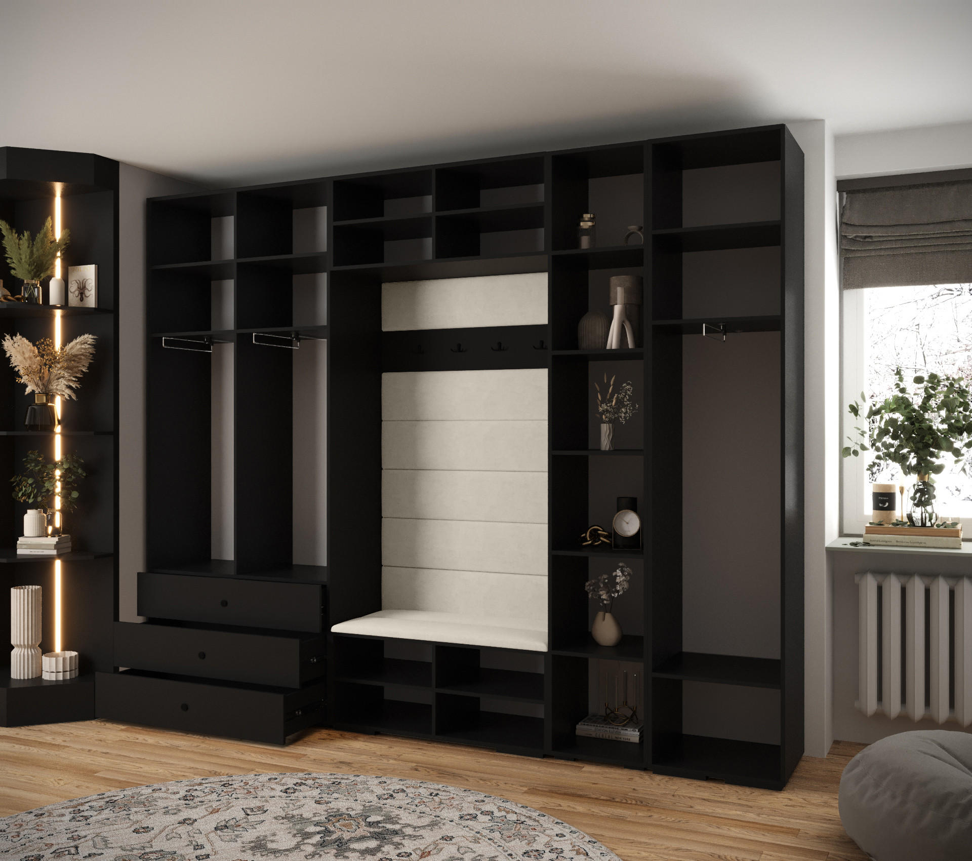 Thumbnail - Abiks Möbel Garderoben-Set, Schwarz, Braun, Gold, Kunststoff, Nachbildung, 2-Sitzer, 13 Fächer, 290x236.7x47 cm, Gardero...