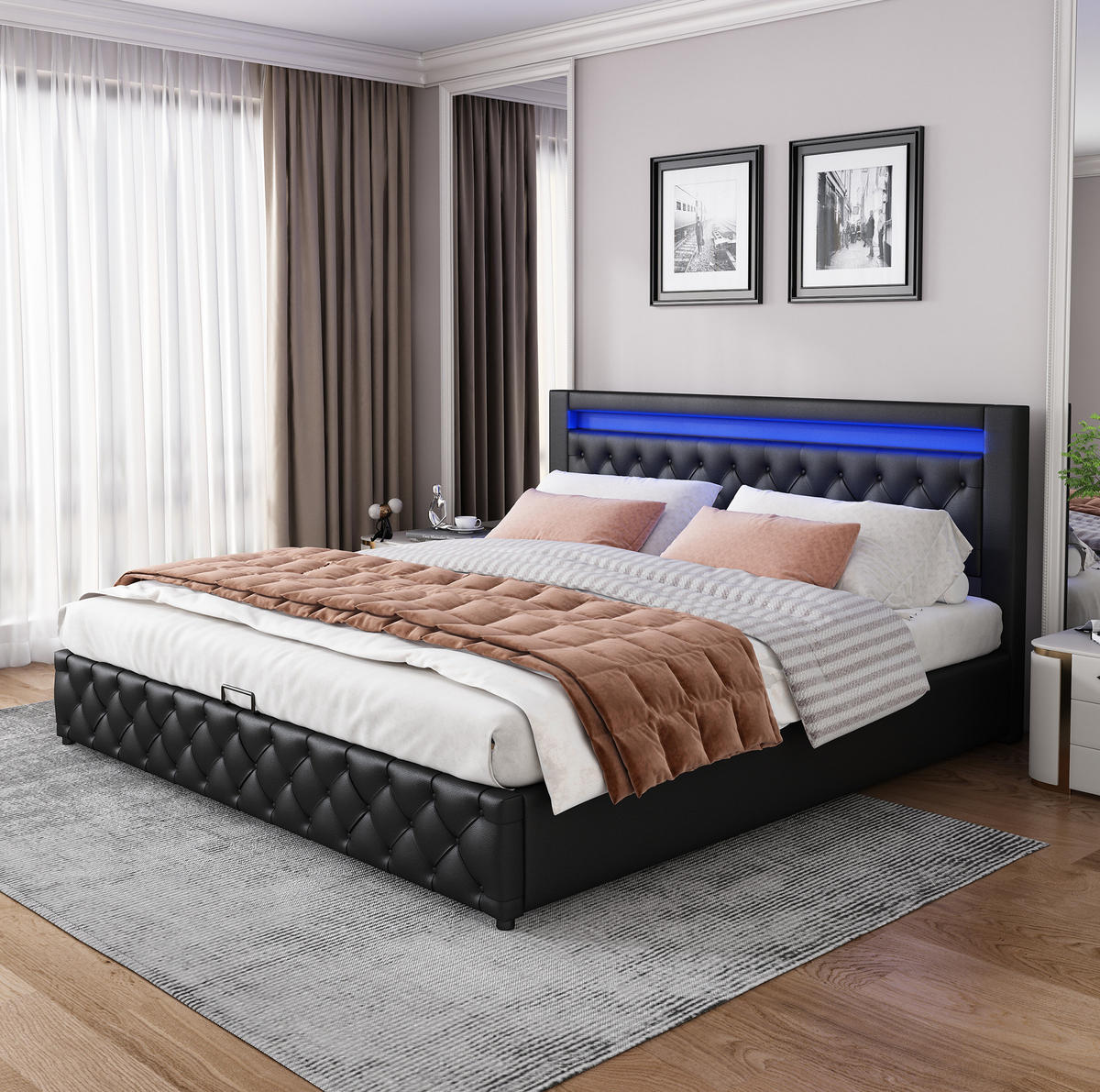 POLSTERBETT mit Bettkasten und LED 180x200 cm PU Black - Schwarz, Metall (180/200cm) - Meubliv