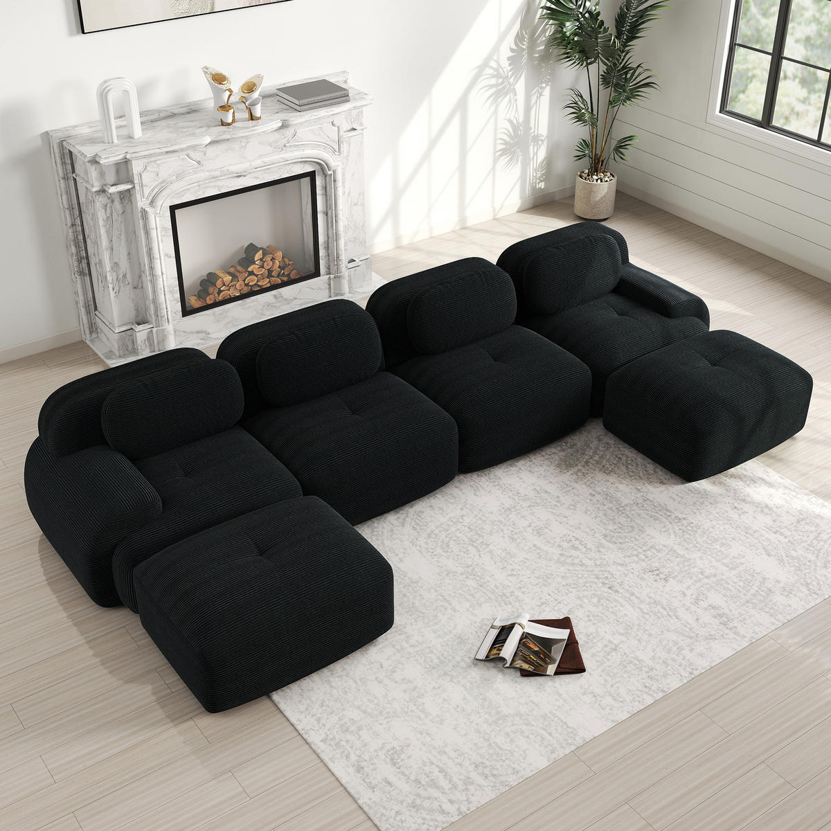 MODULÁRNÍ rohová pohovka černá z manšestru s ergonomickým tvarem - černá, textil (178/388cm) - OKWISH
