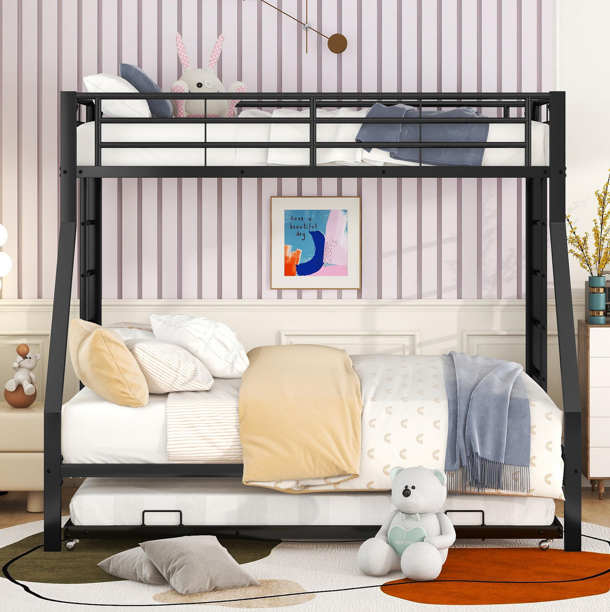 ETAGENBETT 90/200 cm aus Metall mit Ausziehbett und beidseitigen Leitern, Schwarz - Schwarz, Holzwerkstoff (90/190cm) - Redom