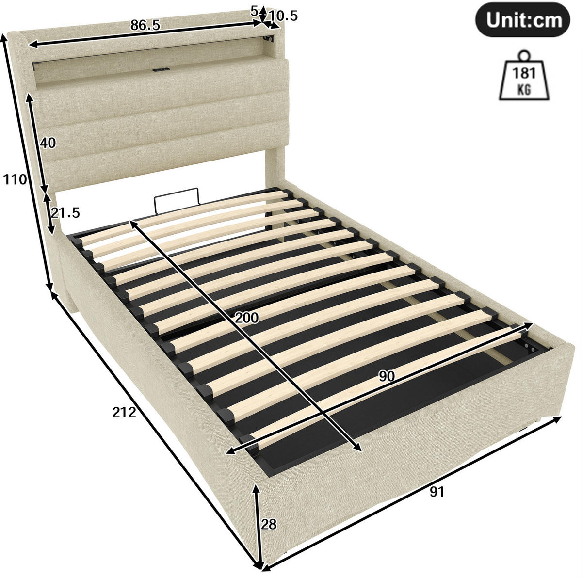 POLSTERBETT aus Leinen 90x200 cm Beige mit LED-Beleuchtung, USB- und Typ-C-Anschluss sowie hydraulischem Stauraum - Beige, Textil (90/200cm) - Modfu