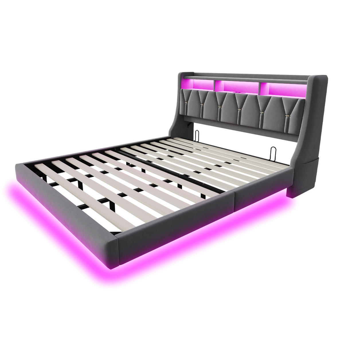 TAPECIRANI krevet 180/200 cm s LED osvjetljenjem, USB i Type-C priključcima te sklopivim uzglavljem, Siva - siva, drvni materijal (180/200cm) - Redom