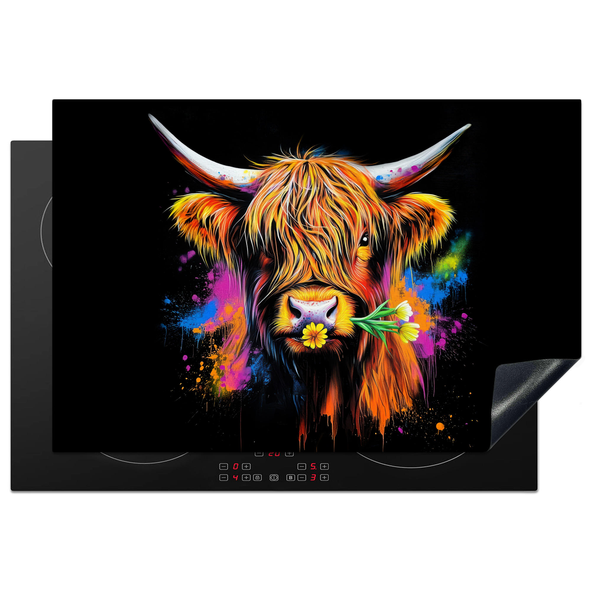 HERDABDECKPLATTE Schottischer Highlander - Graffiti - Bunt - Blume - Tiere Induktionsmatte 77x51 cm - Multicolor, Kunststoff (77/51/0.2cm) - MuchoWow