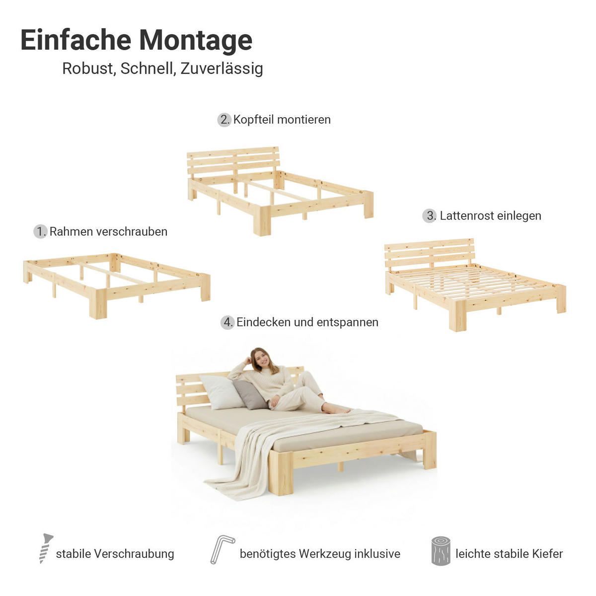 HOLZBETT Natur 120/200 cm Doppelbett mit Lattenrost - Naturfarben, Holz (120/200cm) - Homestyle4u