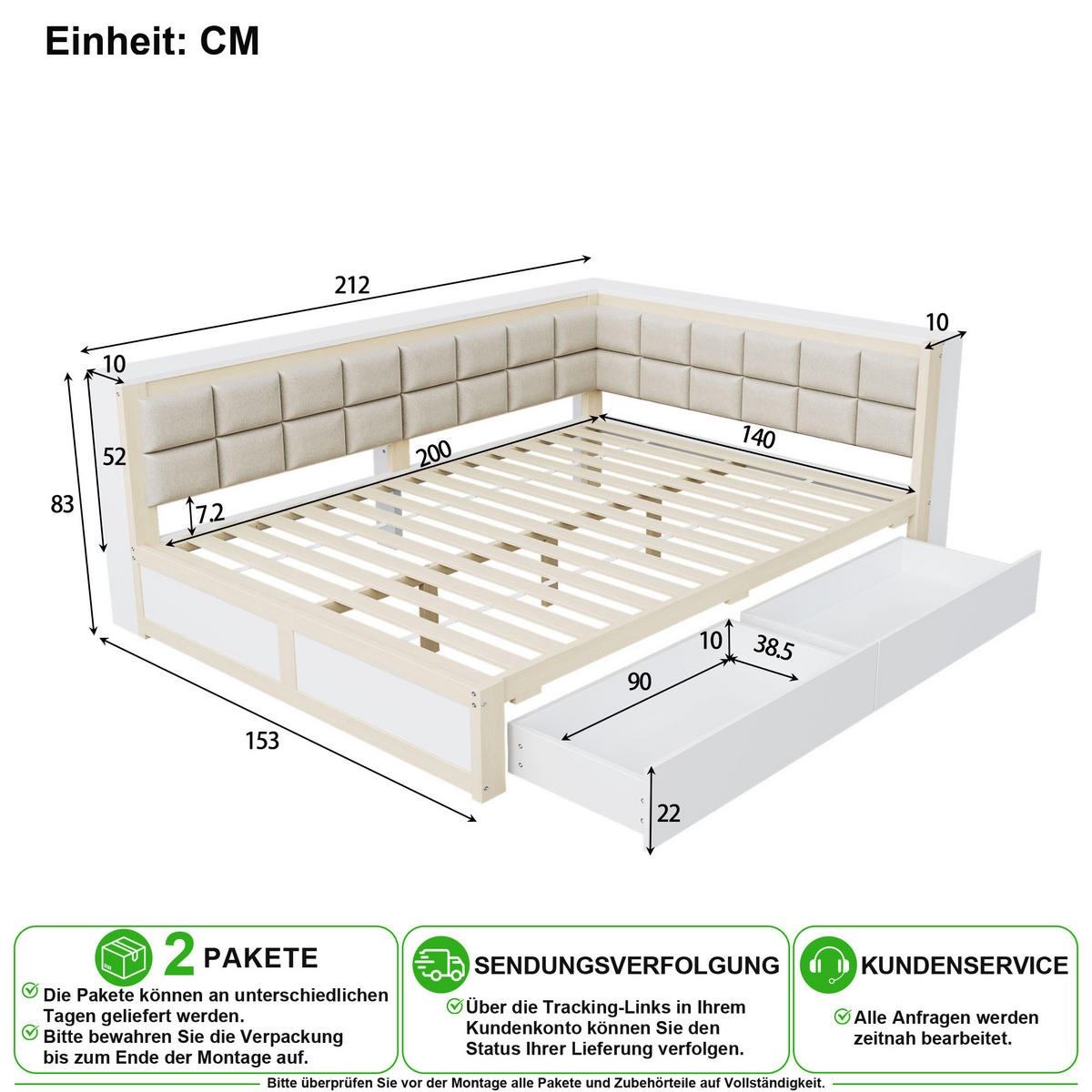 BETT 140/200 cm in Natur mit 2 Schubladen und Ablageflächen - Eichefarben, Holzwerkstoff/Metall (140/200cm) - CHICFURN
