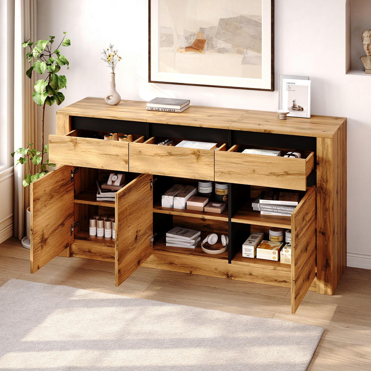 SIDEBOARD Wellenoptik 3 Schubladen 9 Fächer 135cm Naturholz - Naturfarben, Holzwerkstoff (135/70/35cm) - FLIEKS