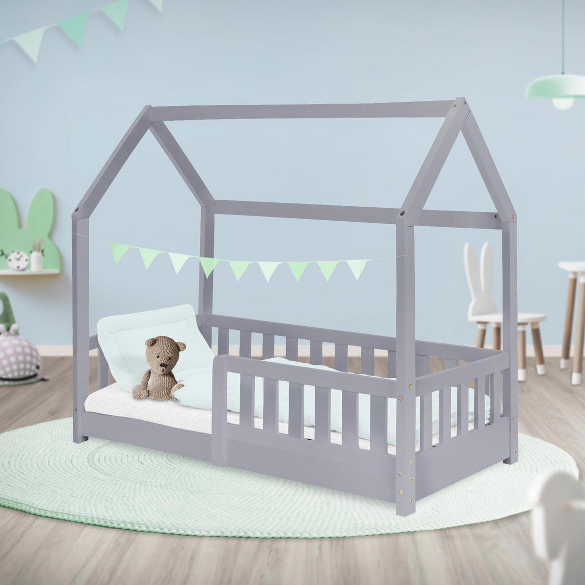 KINDERBETT mit Dach 70x140 cm Hellgrau - Hellgrau, Holz (70/140cm) - ML-DESIGN