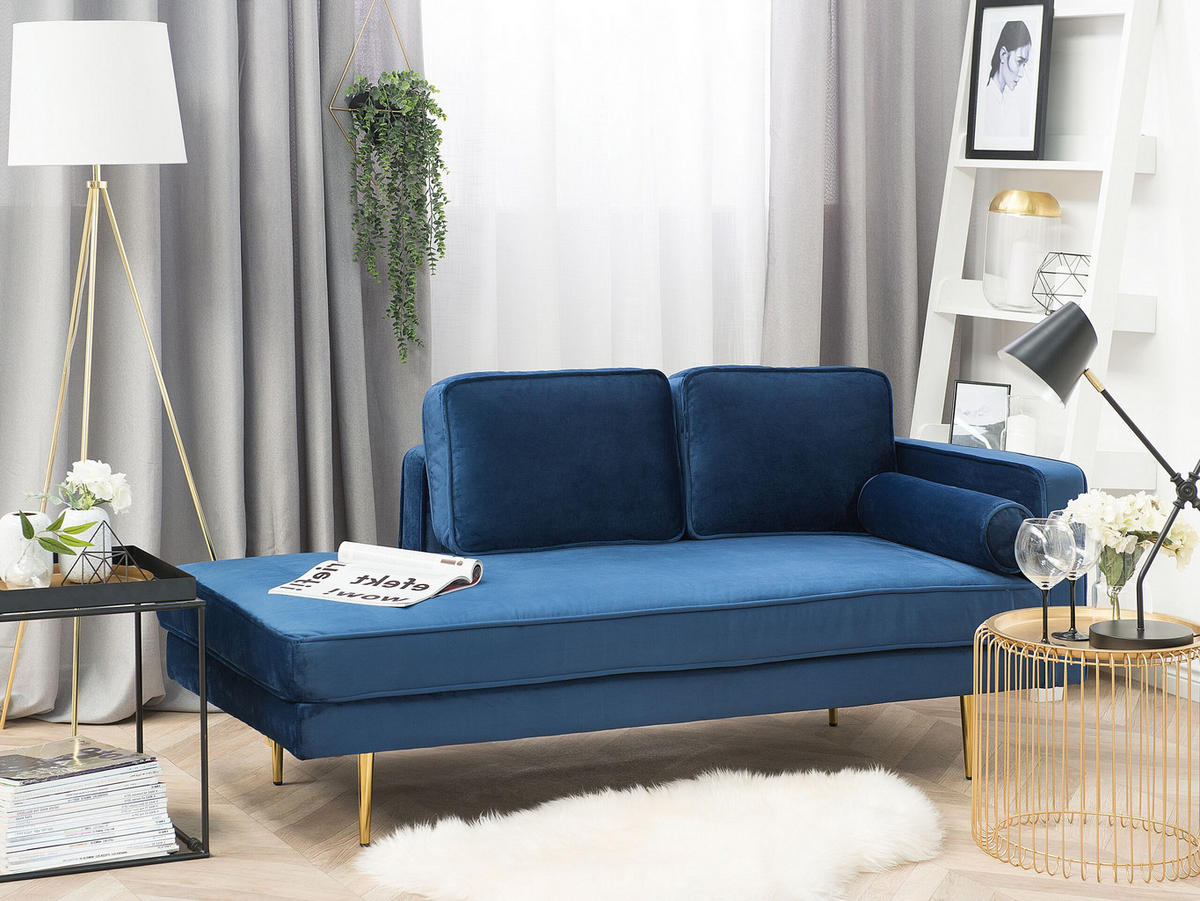 CHAISELONGUE Samtstoff marineblau rechtsseitig Miramas - Blau/Goldfarben, Textil (171/63/79cm) - Beliani