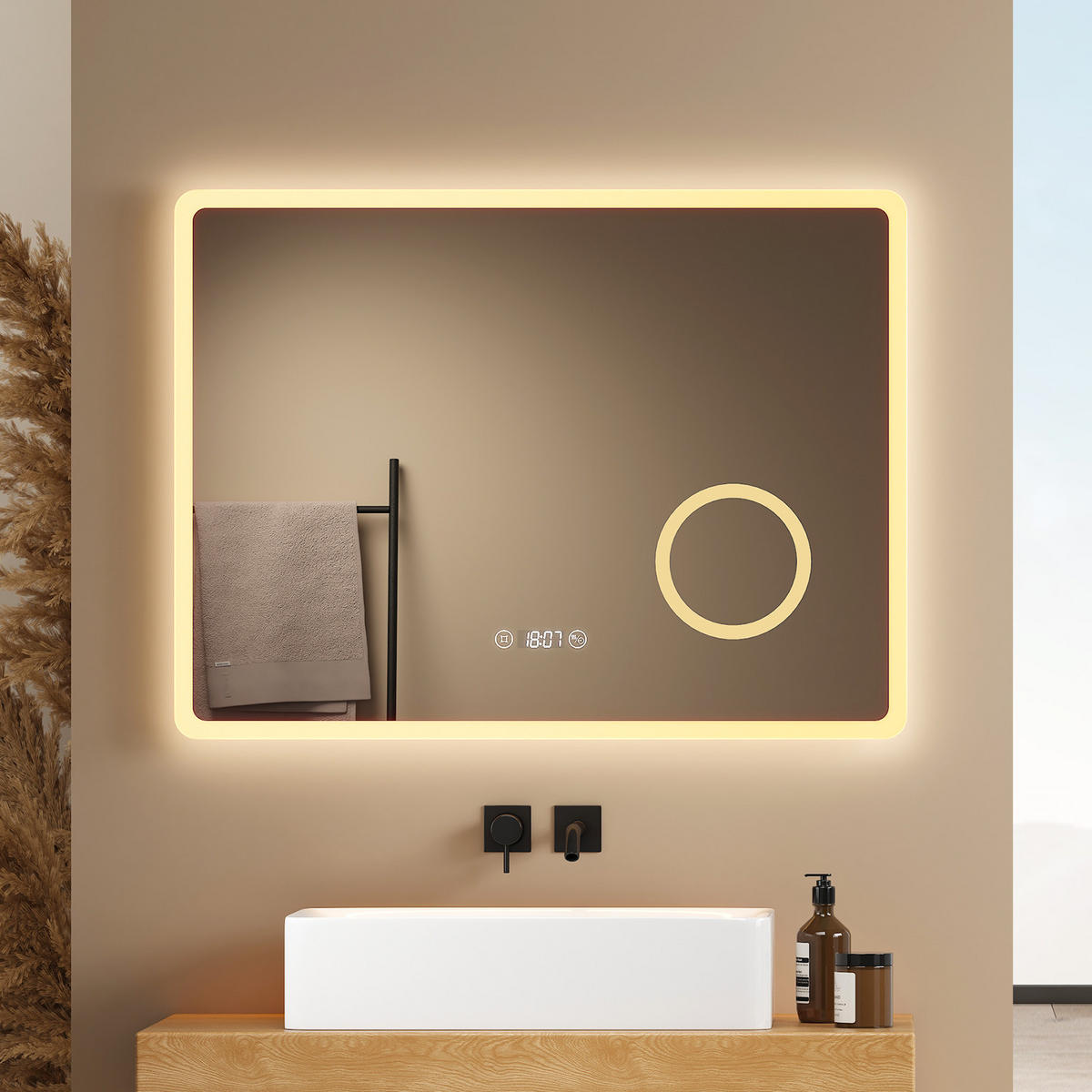 BADSPIEGEL mit Anti-Beschlag Beleuchtung mit Integriertem Schminkspiegel 80/60 cm - Weiß, Glas (60/3.5/80cm) - EMKE