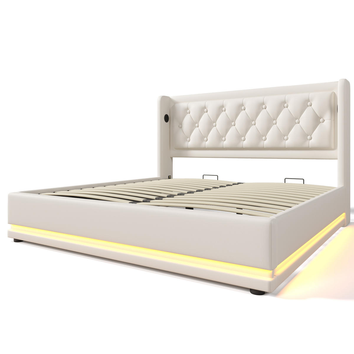 POLSTERBETT mit LED-Beleuchtung 140/200 cm mit Bettkasten, USB-C und gepolstertem Kopfteil - Weiß, Textil (140/200cm) - BEAOK