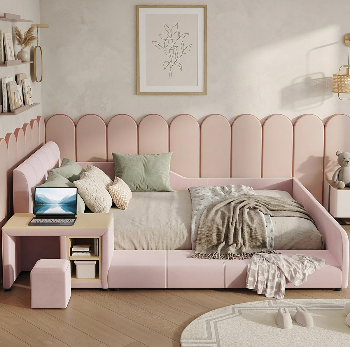 KINDERPOLSTERBETT 140x200 cm in Pink mit Schreibtisch, Hocker und Ablageboden - Pink, Textil (140/200cm) - IVMEU