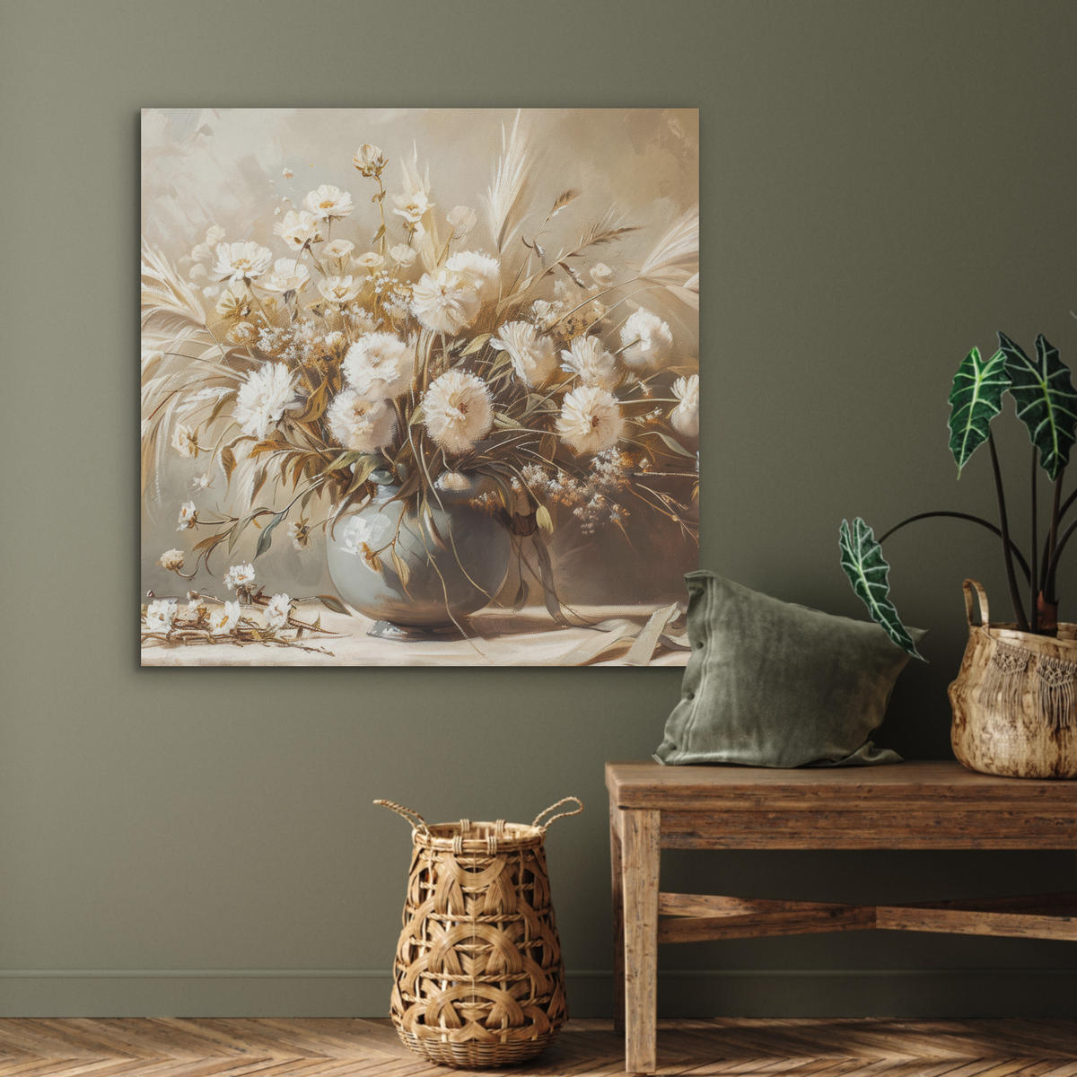 AKUSTIKPANEEL Blumen - Vase - Stilleben - Beige 90x90 cm - Creme, Textil (90/0.9/90cm) - MuchoWow