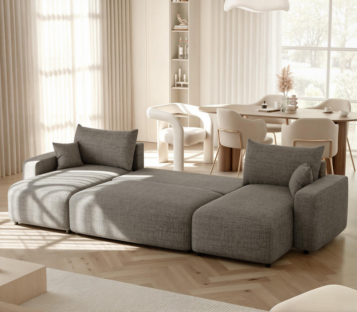 WOHNLANDSCHAFT PIANO mit Schlaffunktion, Stoff Dunkelgrau - Dunkelgrau/Schwarz, Kunststoff/Textil (318/79/145cm) - Idohome