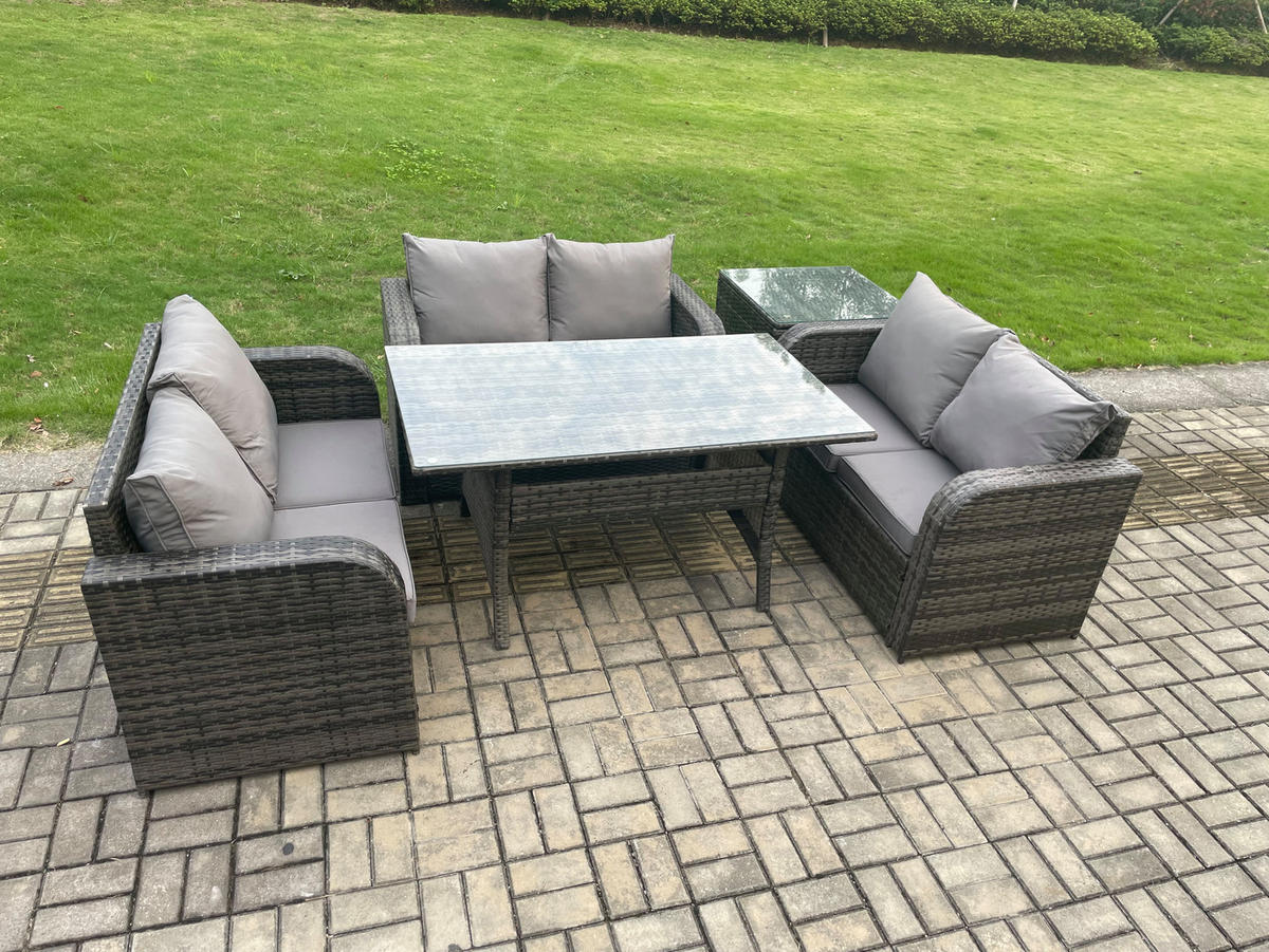 SITZGRUPPE mit Esstisch,Zweisitzer,Hocker Polyrattan 6-Sitzer - Dunkelgrau/Grau, Glas/Kunststoff - Fimous