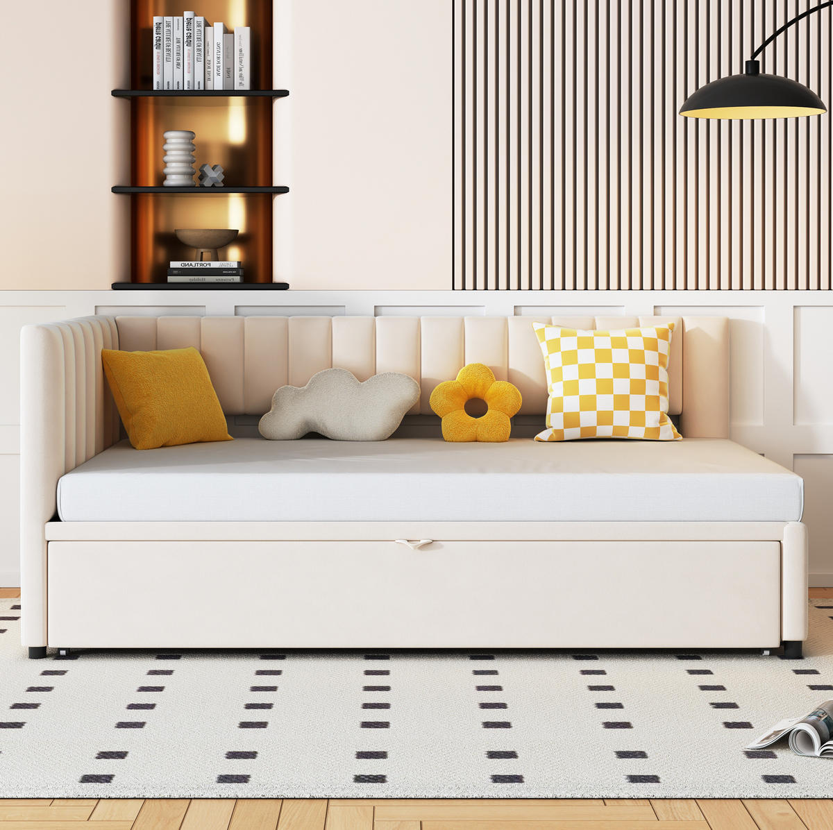 POLSTERBETT 90/180 cm Beige mit Ausziehbett und Samtbezug - Beige, Textil (90/180cm) - OKWISH