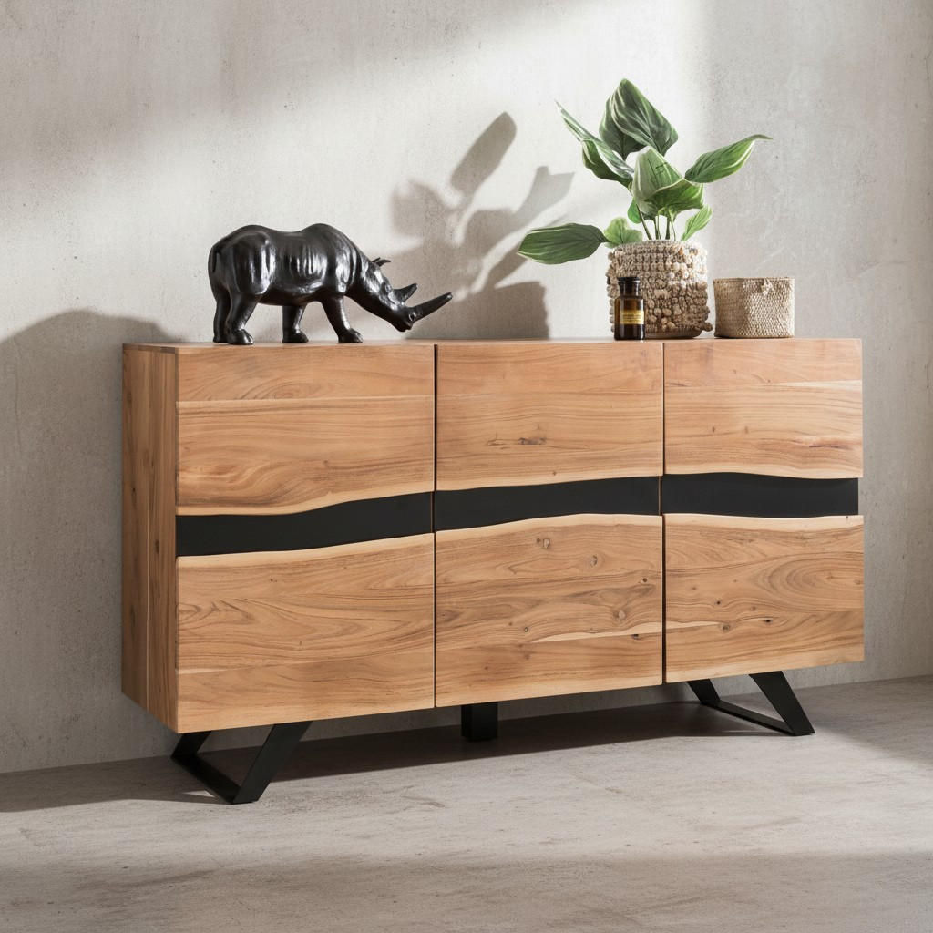 SIDEBOARD – Akazie Massivholz, 148x85x43 cm, Baumkante, Landhausstil, breit - Schwarz/Braun, Akazienholz/Holz (148/85/43cm) - KADIMA DESIGN