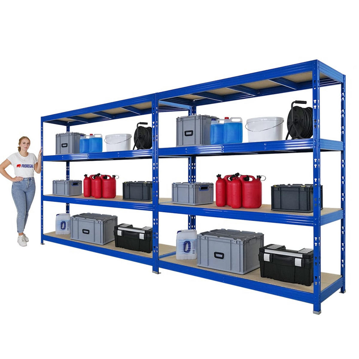 SCHWERLASTREGAL Rhino 2er-Set 200x200x60 cm 4 Spanplatten-Ebenen 8mm Fachlast 500 kg Blau - Blau, Metall (400/200/60cm) - PROREGAL