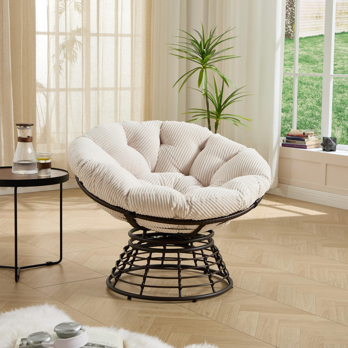 GARTEN-RELAXSESSEL Papasansessel, 360° drehbar,Rattan, Weiß - Weiß, Metall (60/67/92cm) - LVHOM