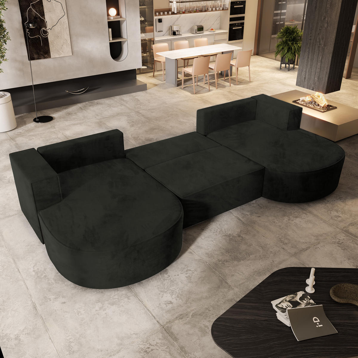 WOHNLANDSCHAFT VEZZO M Schwarz Velours-Stoff mit Schlaffunktion - Schwarz, Holz (347/85/174cm) - MASSENO