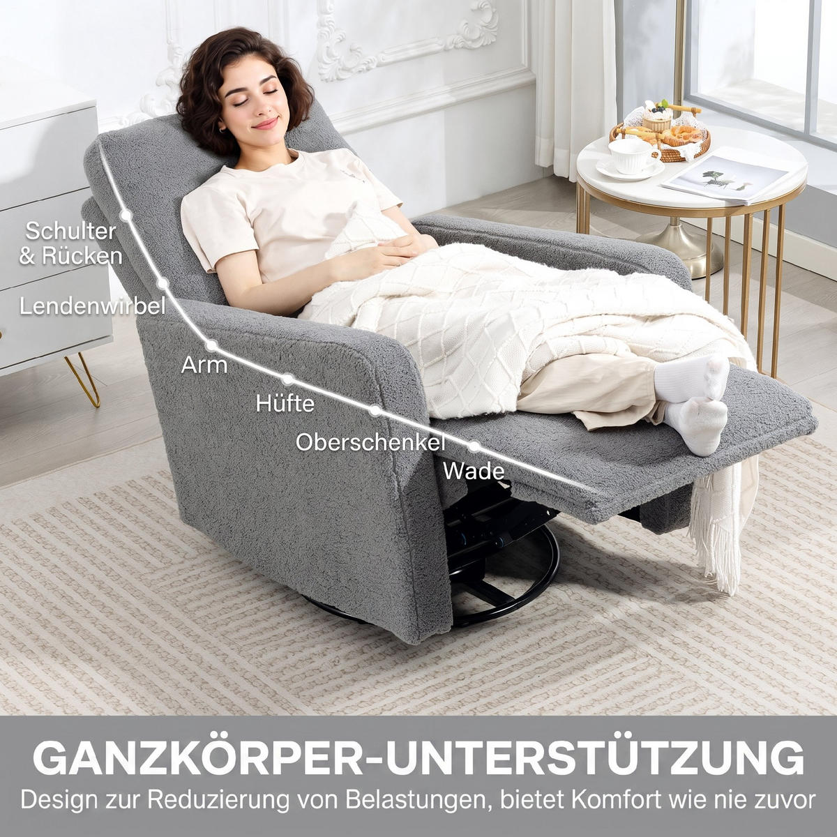 RELAXSESSEL, Fernsehsessel mit Liegefunktion, Wippfunktion, Fleece-Optik Grau - Grau, Textil/Metall (76/100/94cm) - HOMCOM