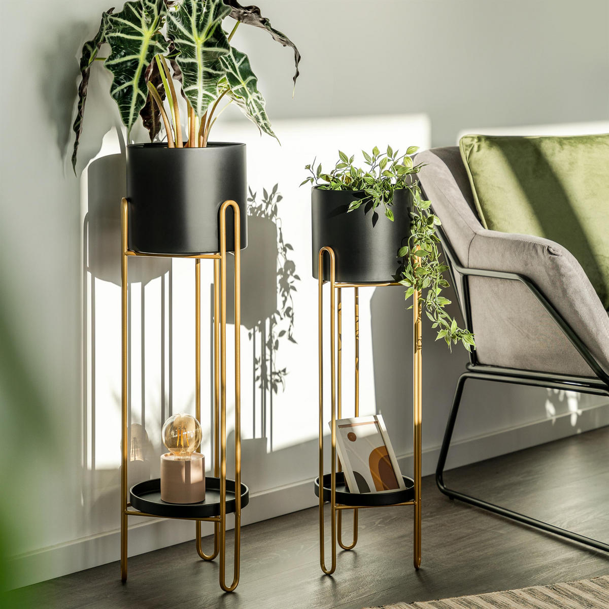 BLUMENHOCKER 2er Set, schwarz, Metall - Goldfarben, Metall (24.7/24.7/83cm) - bremermann