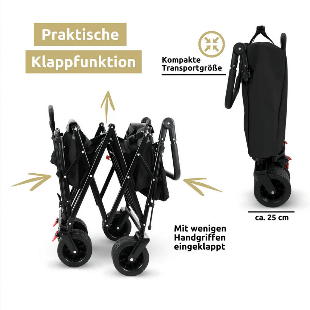 BOLLERWAGEN faltbar mit Dach KILI Extra Breite Reifen Schwarz - Schwarz, Metall (126/109/66cm) - DELUKE