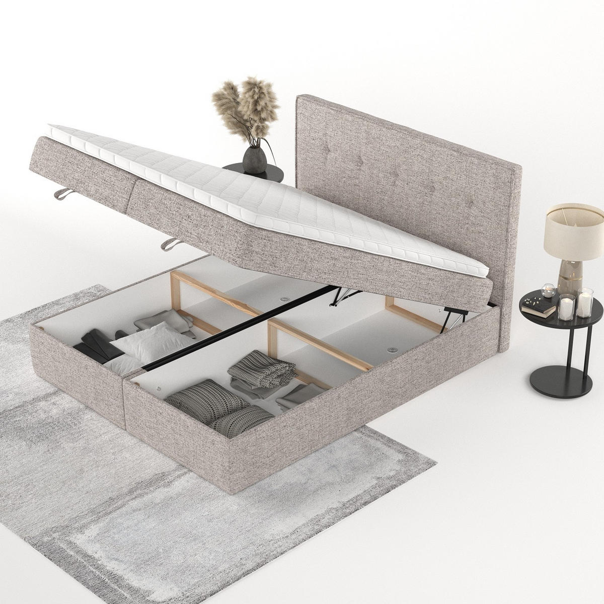 BOXBETT Tivra 180/200 cm Beige im Neve Stoff - Beige/Schwarz, Holz/Holzwerkstoff (180/200cm) - AltaBeds