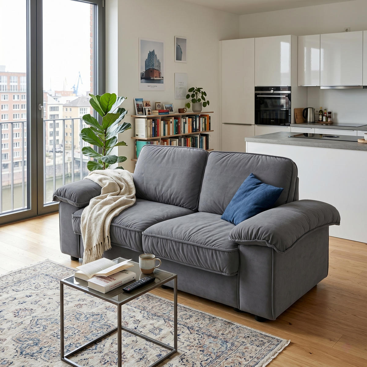 2-SITZER SOFA Samt Grau mit Stauraum - Grau, Holzwerkstoff/Kunststoff (201/89/91cm) - WISHDOR