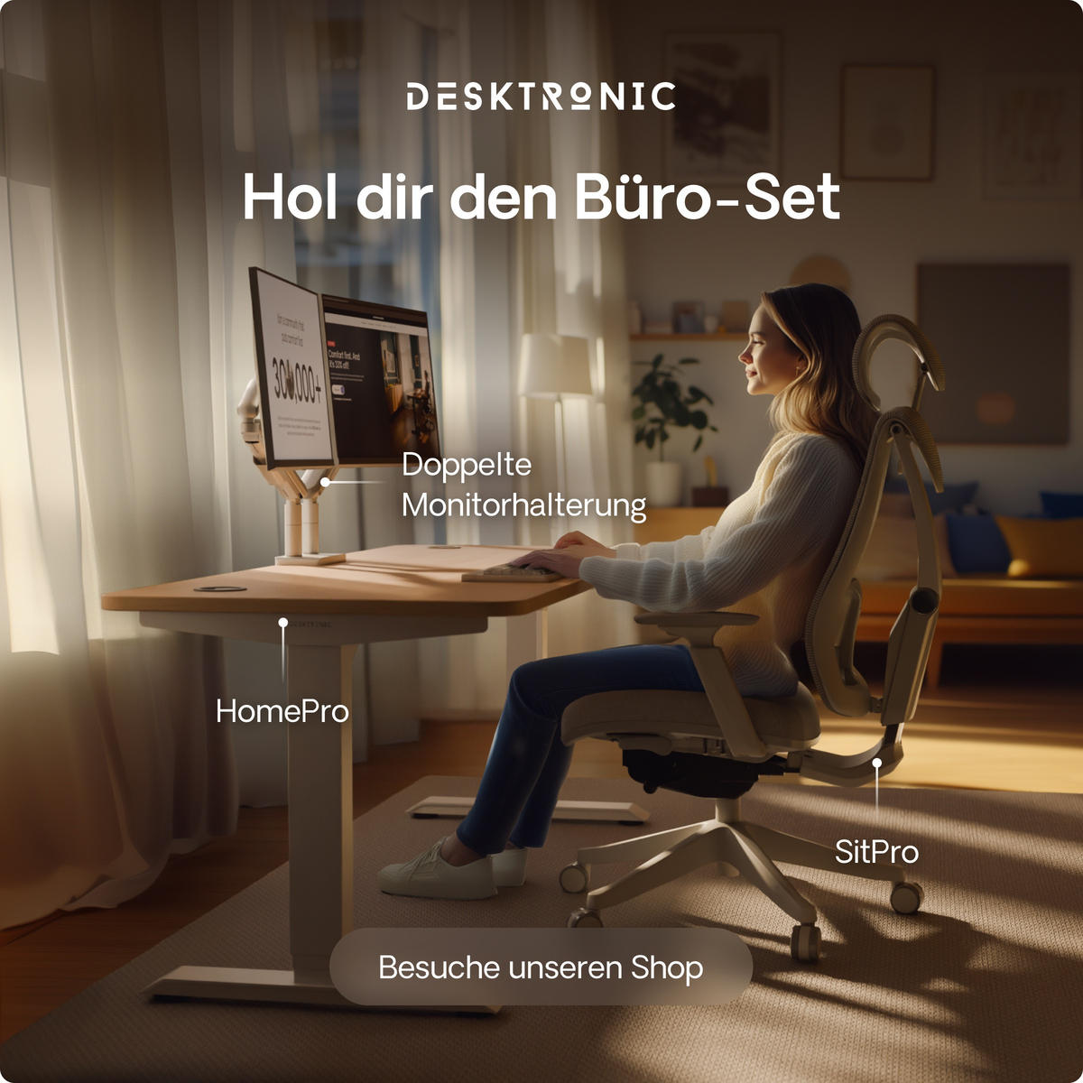 SCHREIBTISCH Elektrisch Höhenverstellbarer HomePro 140x70cm Weiß/Eiche mit Memory-Funktion, Anti-Kollisions Technologie - Eichefarben/Weiß, Holzwerkstoff (70/140/62cm) - Desktronic