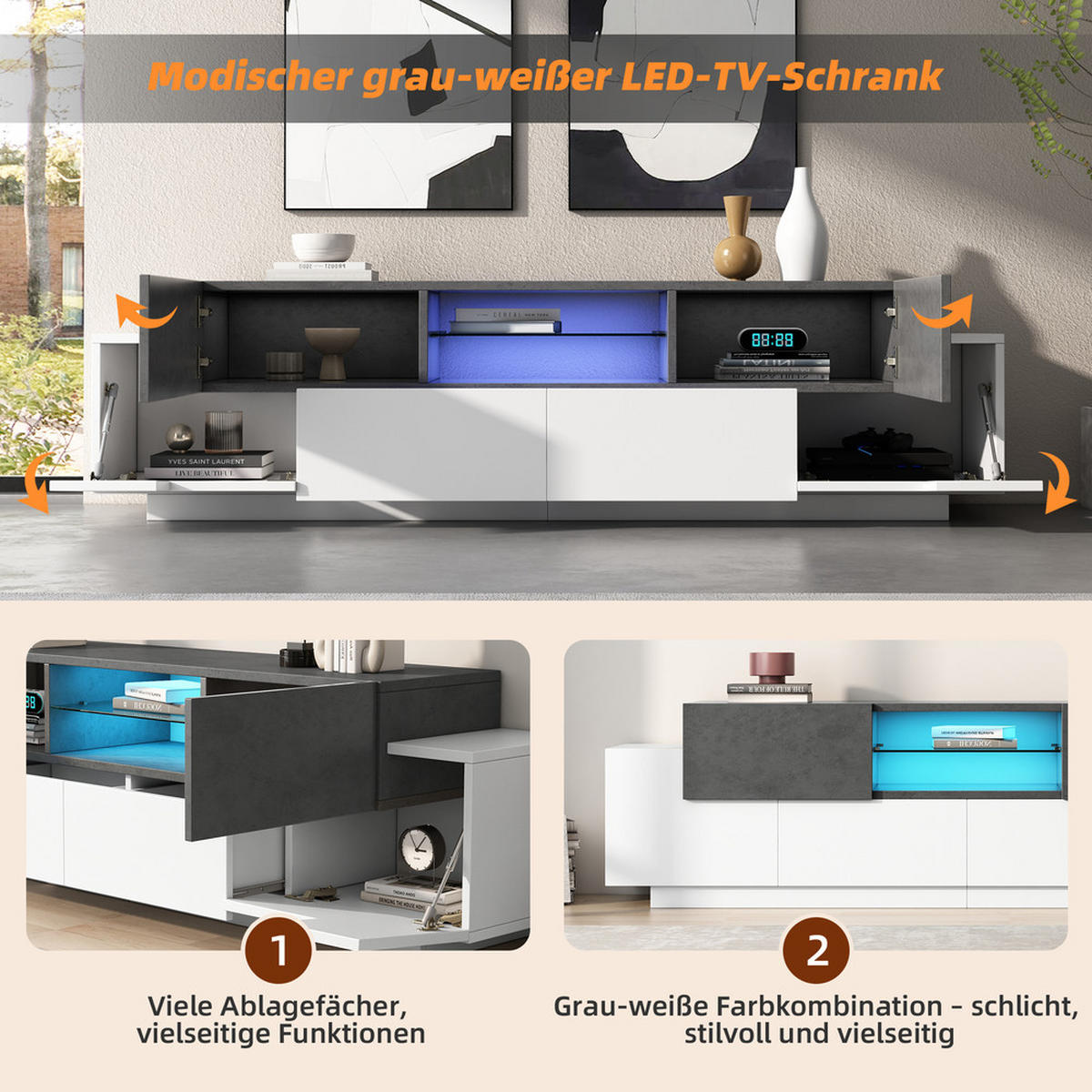 TV-SCHRANK Modern Lowboard LED-Beleuchtung Glasböden Weiß-Grau bis 80 Zoll - Weiß, Holz (48.26/18.42/99.06cm) - FLIEKS