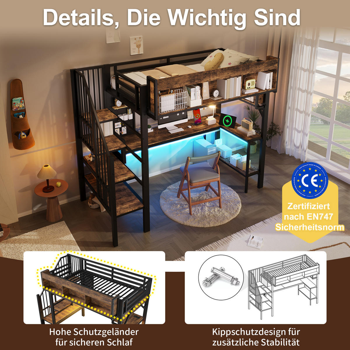 HOCHBETT 90/200 cm Schwarz mit Eckschreibtisch, Stauraum und LED - Schwarz, Holz (90/200cm) - Oxeza