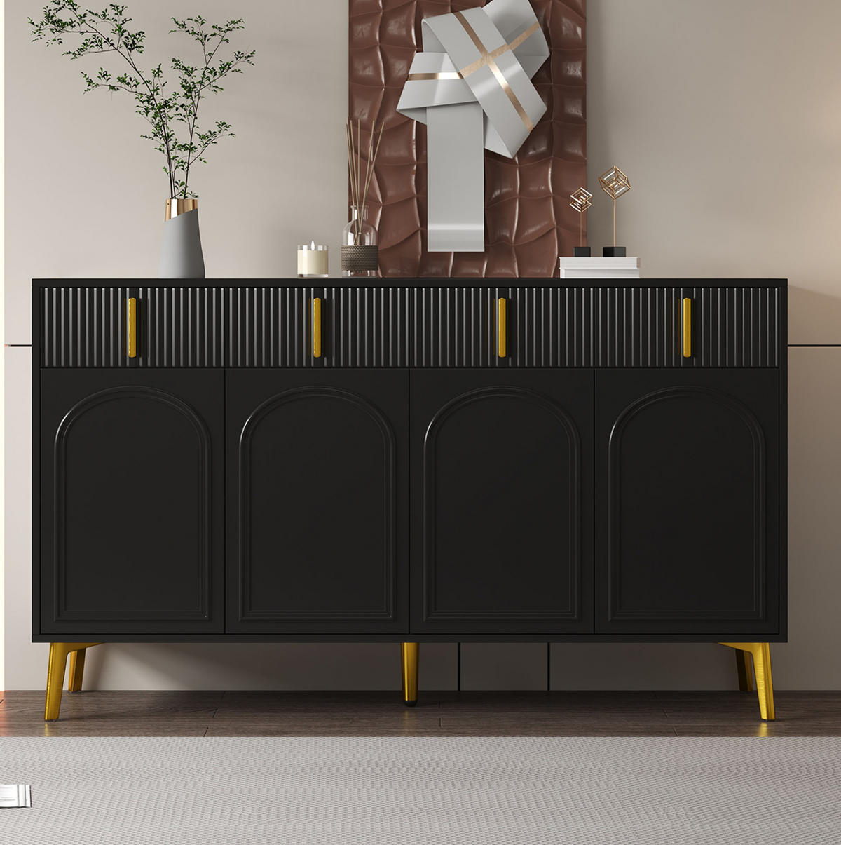 SIDEBOARD mit 4 Türen und 4 Schubladen, (MDF/Melamin), goldfarbenen Griffen und Beinen, 140/38/82 cm, Schwarz - Schwarz, Holzwerkstoff (140/82/38cm) - Redom