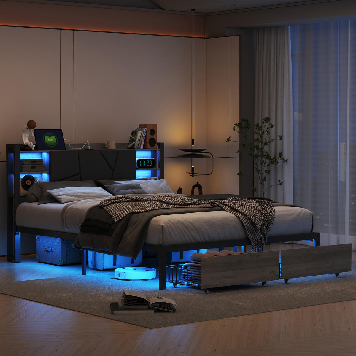 POLSTERBETT Metall 140x200 cm mit LED Beleuchtung, USB Ladefunktion und 2 Schubladen Schwarz - Schwarz, Holzwerkstoff (140/200cm) - Novahome