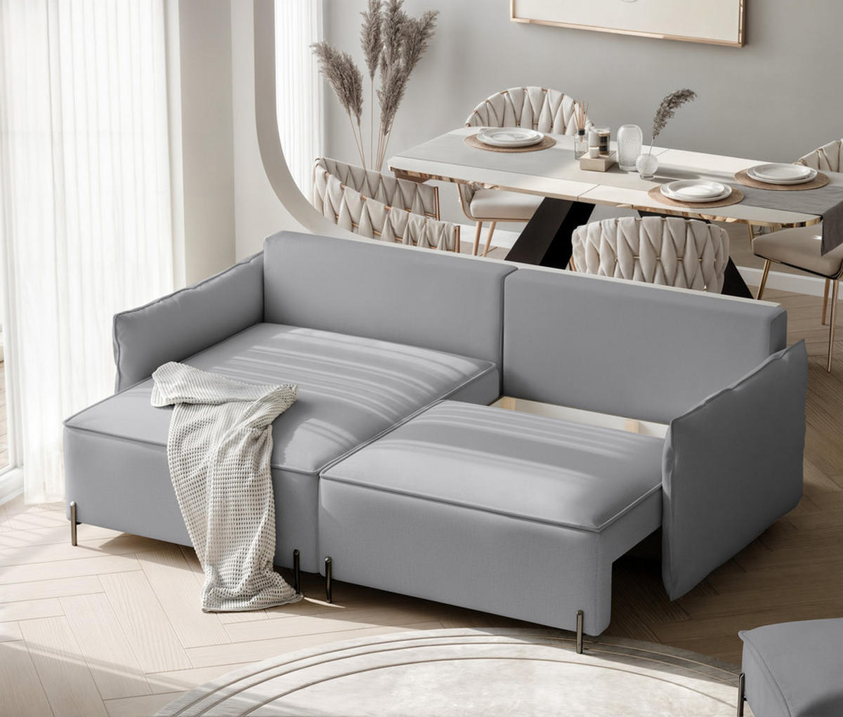 ECKSOFA MARCO Links, mit Schlaffunktion und Bettkasten, Grau - Grau, Textil/Metall (221/148cm) - Idohome